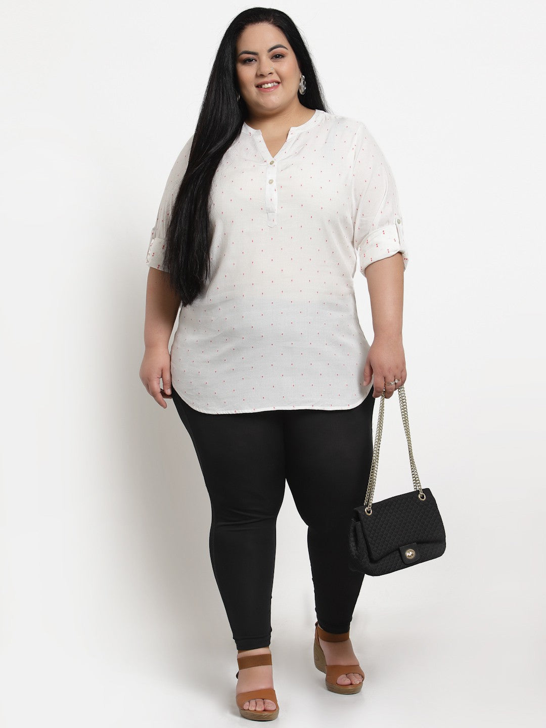 Plus Size White  Pink Polka Dots Print Top