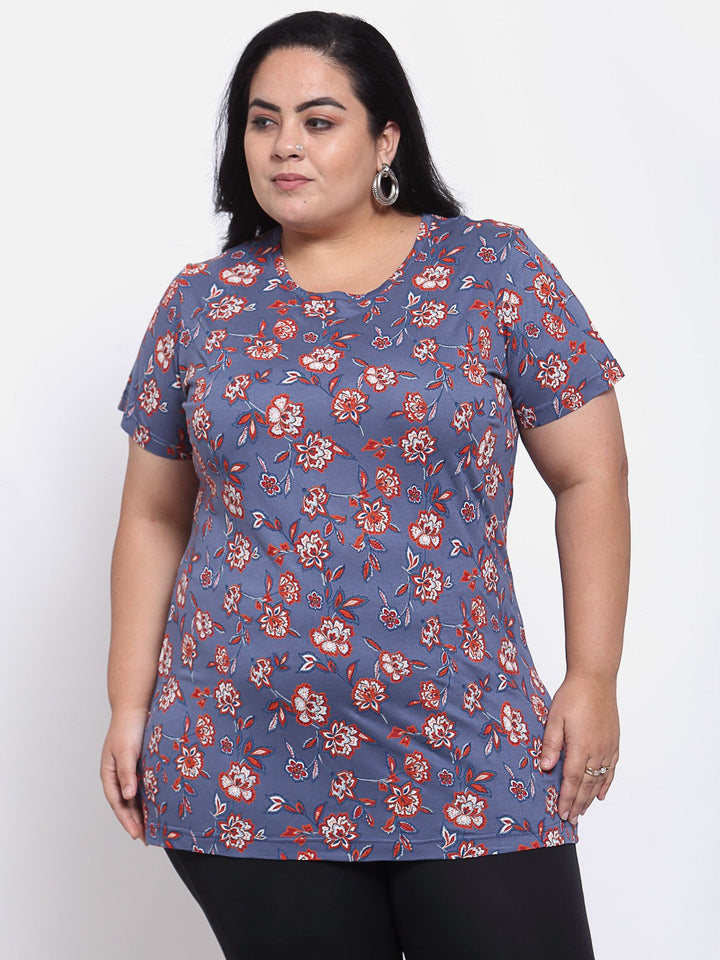 Plus Size Women Purple  Red Floral Printed T-shirt