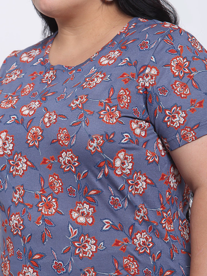 Plus Size Women Purple  Red Floral Printed T-shirt