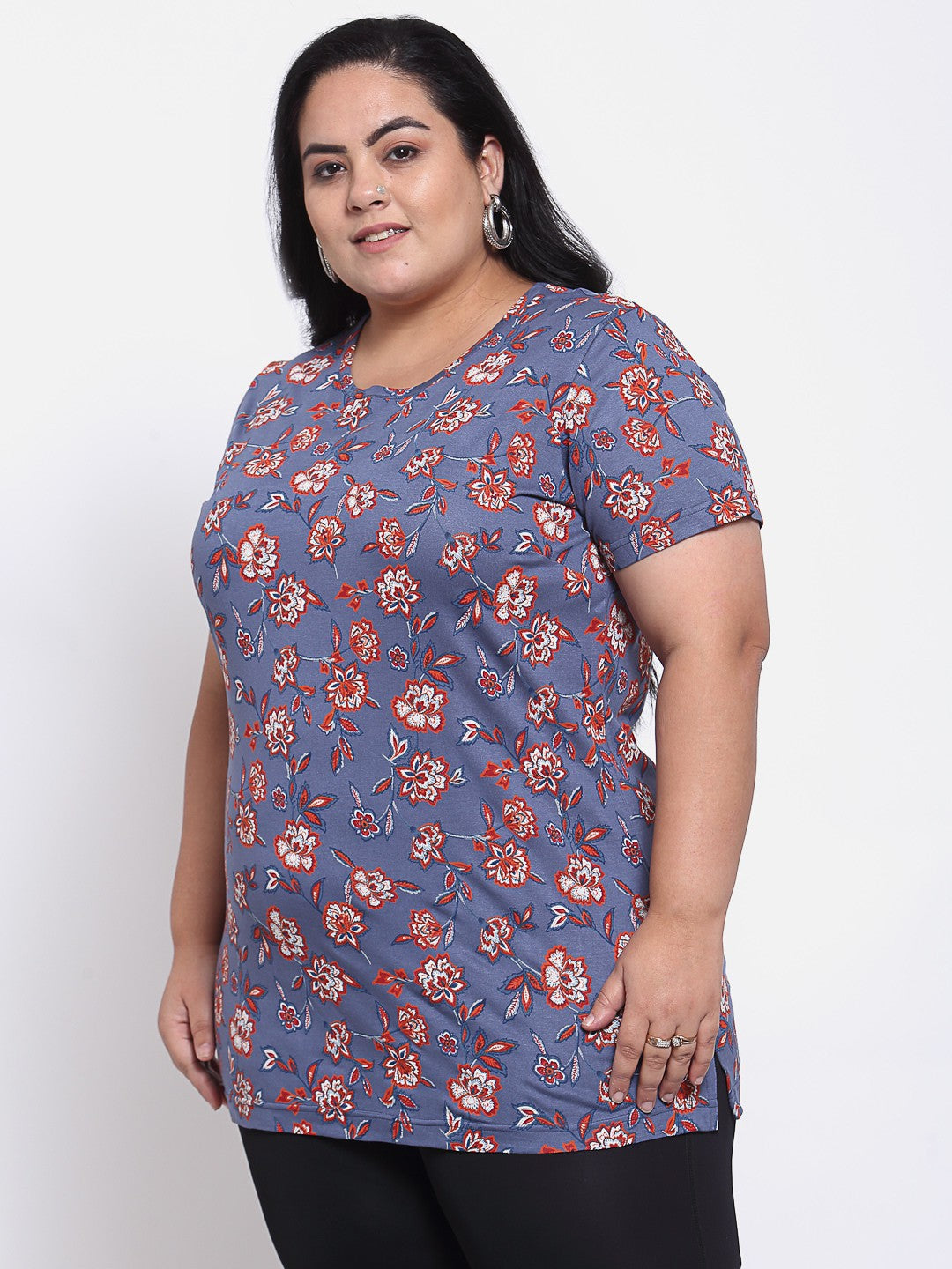 Plus Size Women Purple  Red Floral Printed T-shirt