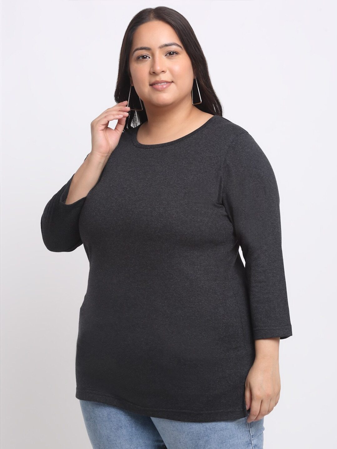 Plus Size Charcoal  Round Neck Cotton T-shirt