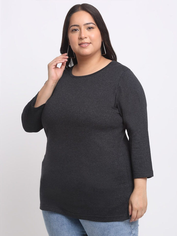 Plus Size Charcoal  Round Neck Cotton T-shirt
