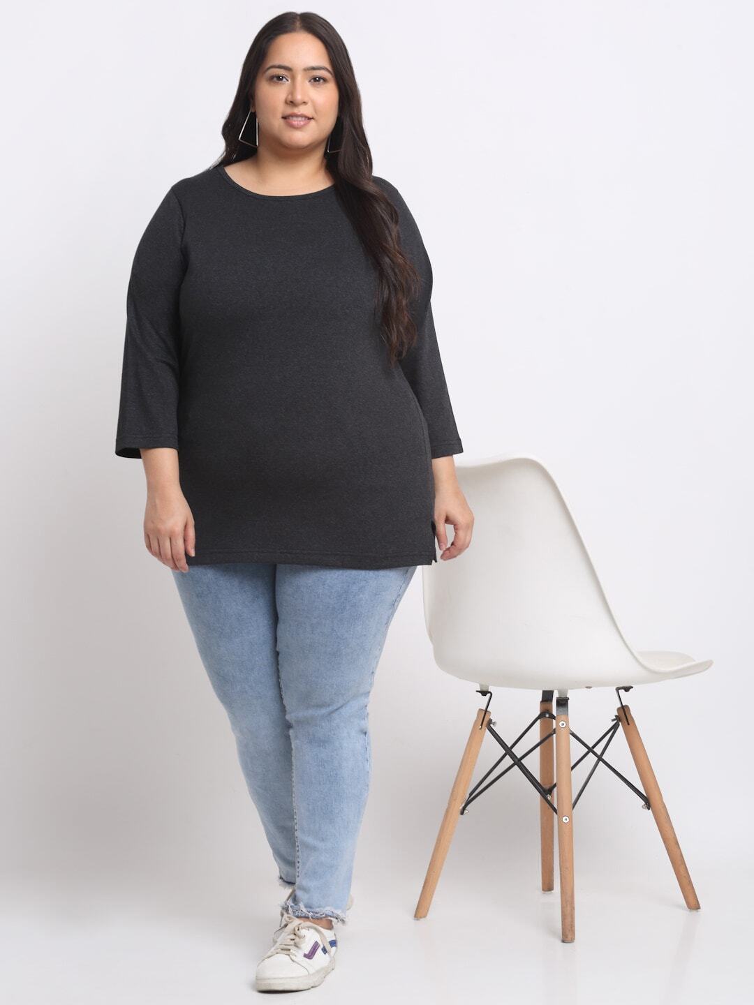 Plus Size Charcoal  Round Neck Cotton T-shirt