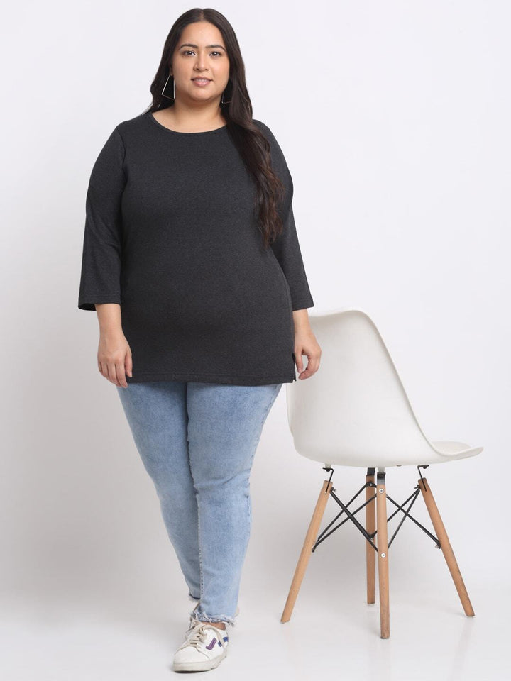 Plus Size Charcoal  Round Neck Cotton T-shirt