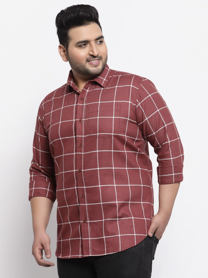Plus Size  Men Maroon Windowpane Checked Casual Shirt
