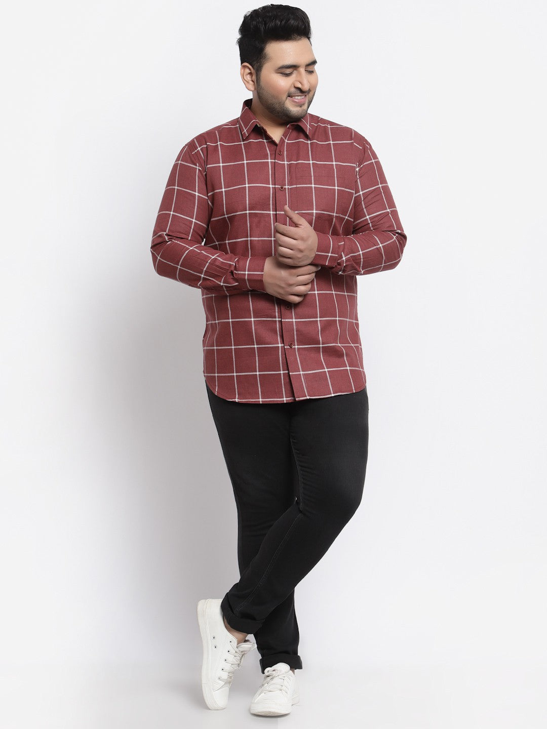 Plus Size  Men Maroon Windowpane Checked Casual Shirt