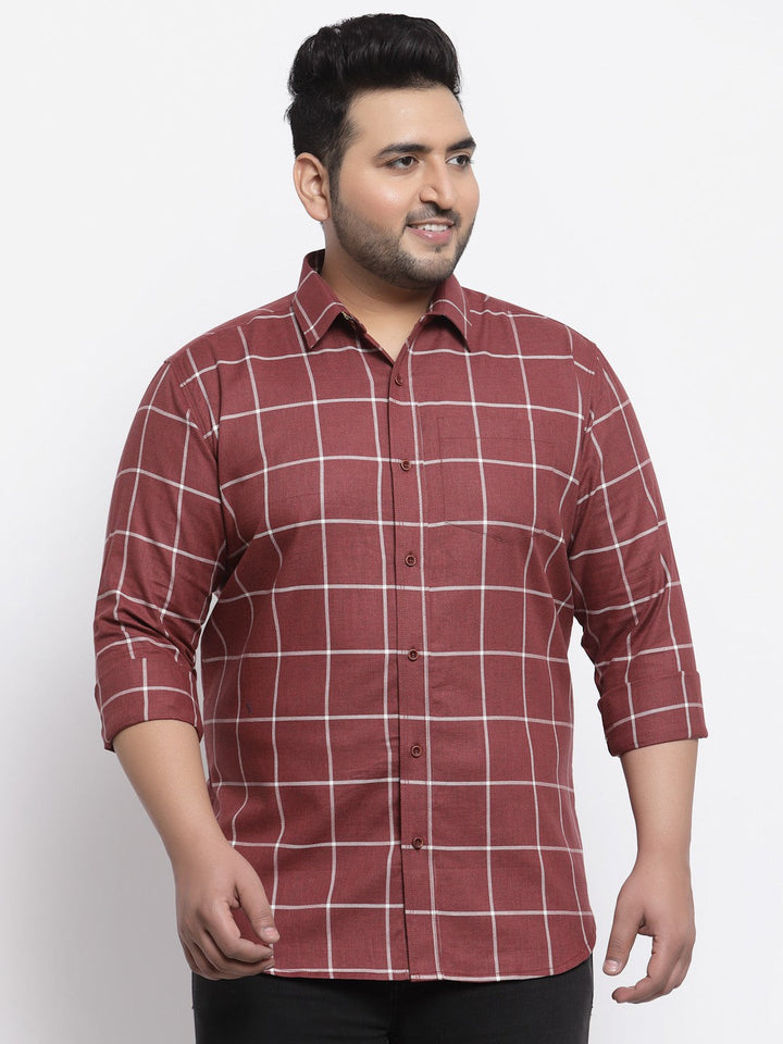 Plus Size  Men Maroon Windowpane Checked Casual Shirt