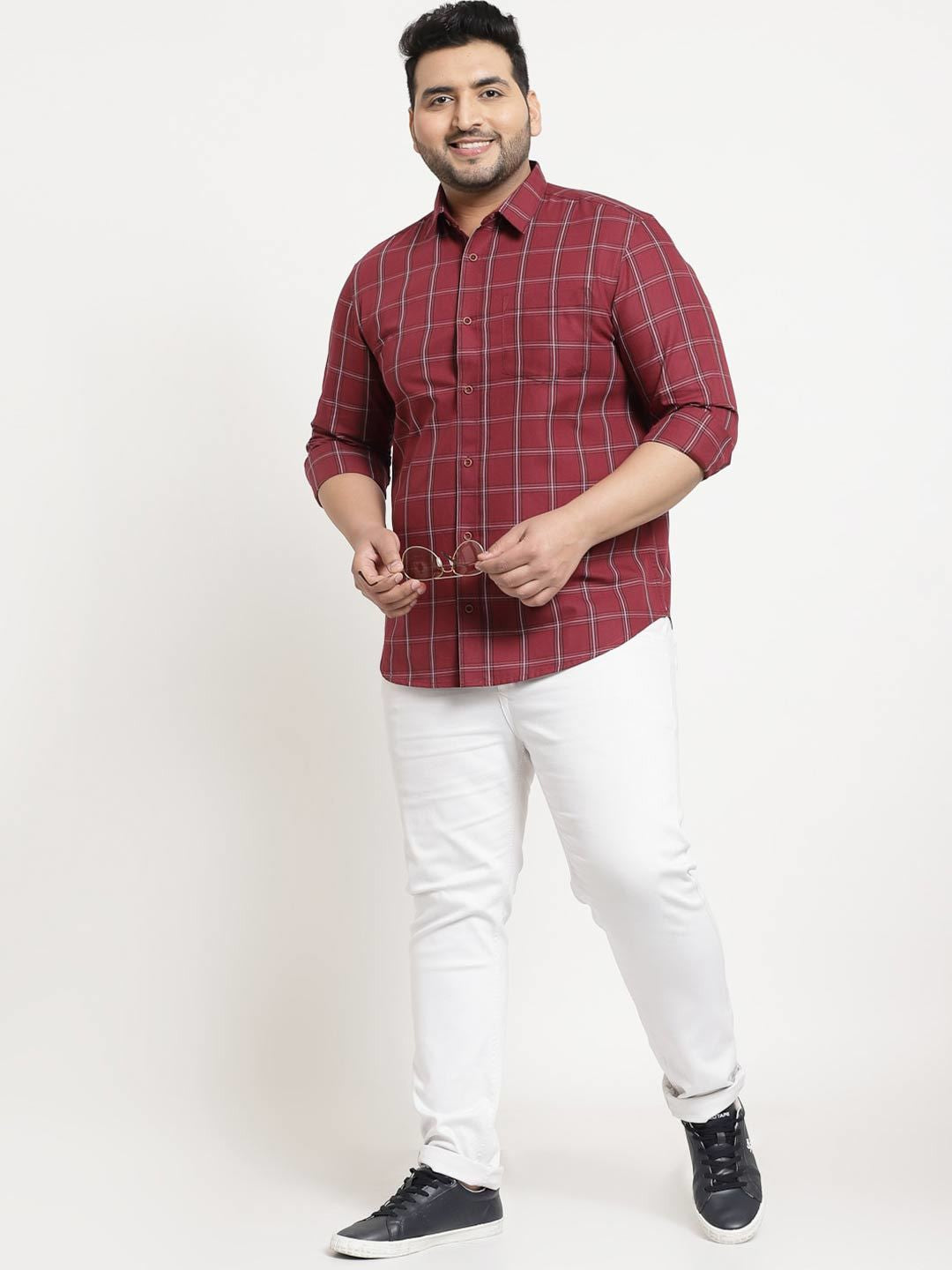 Plus Size  Men Maroon Grid Tattersall Checks Checked Cotton Casual Shirt