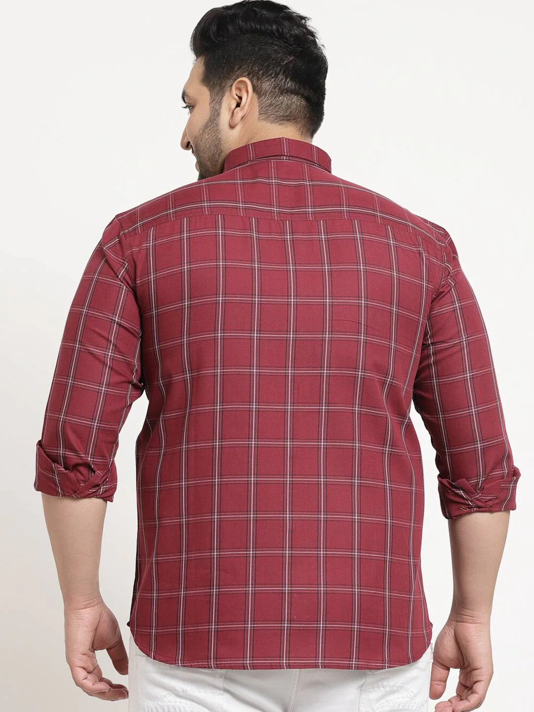 Plus Size  Men Maroon Grid Tattersall Checks Checked Cotton Casual Shirt
