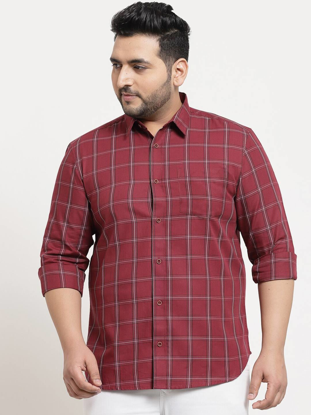 Plus Size  Men Maroon Grid Tattersall Checks Checked Cotton Casual Shirt