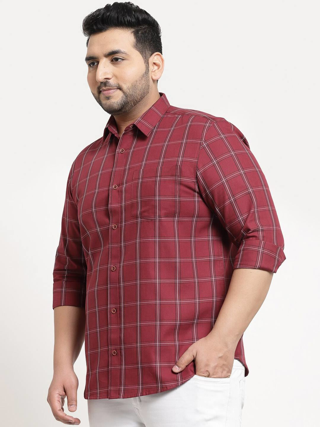 Plus Size  Men Maroon Grid Tattersall Checks Checked Cotton Casual Shirt