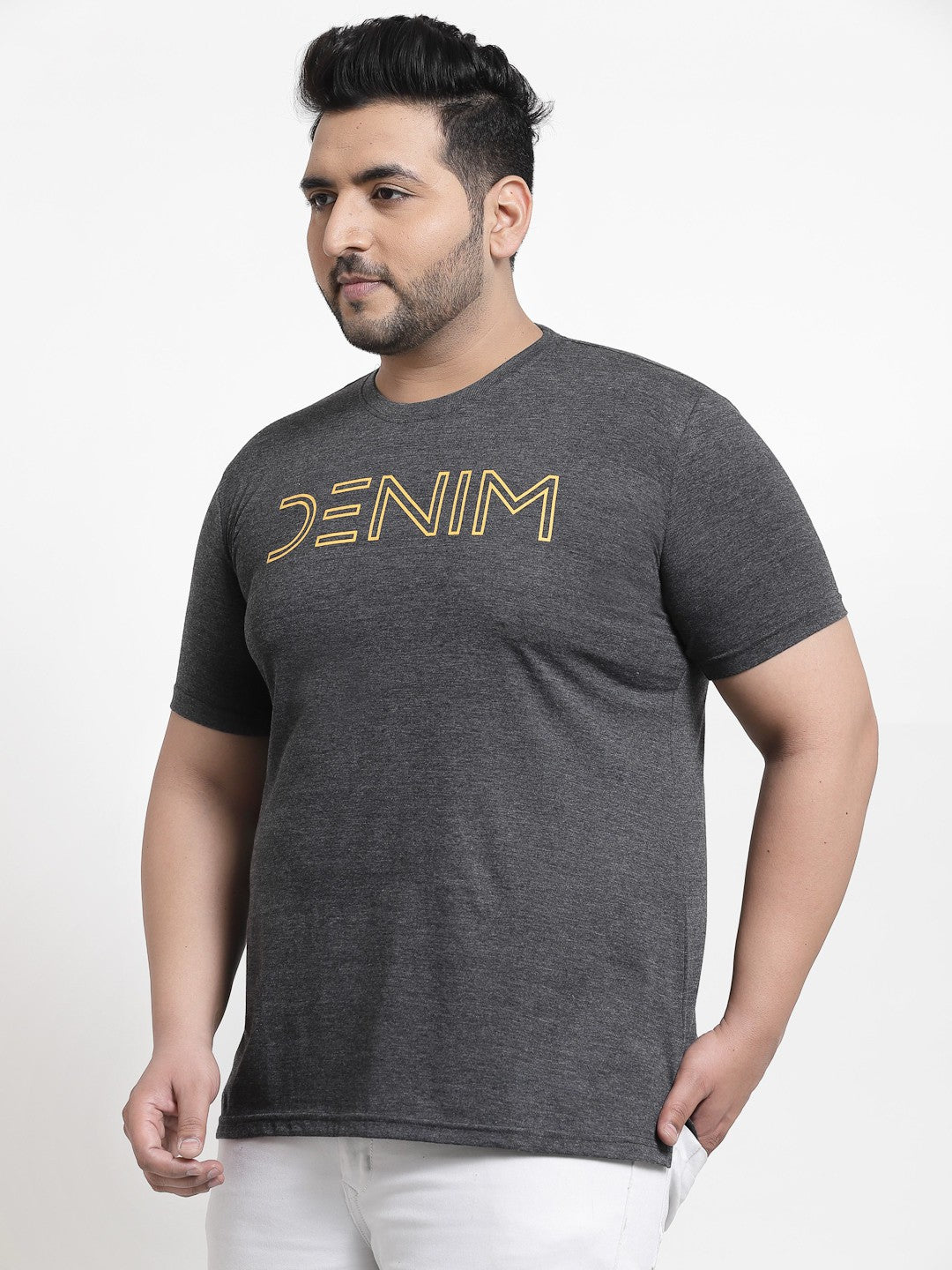 Plus Size Men  Grey  Yellow Pure Cotton T-shirt
