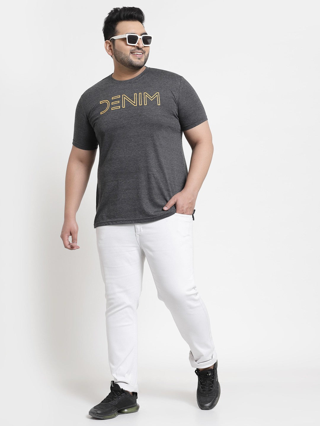 Plus Size Men  Grey  Yellow Pure Cotton T-shirt