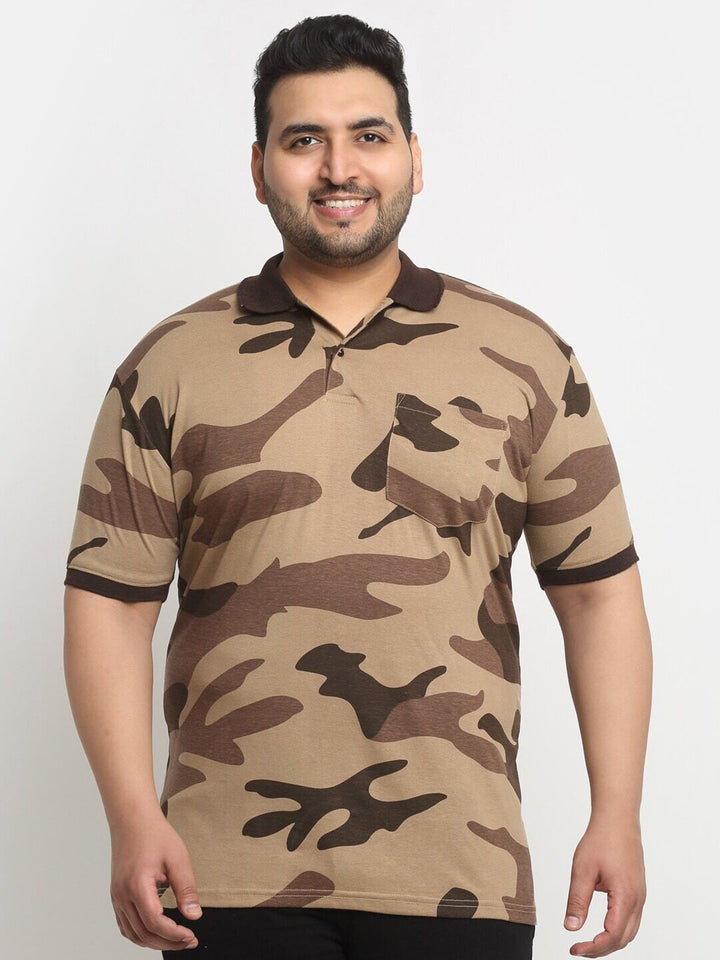Plus Size Brown Camouflage Printed Polo Collar Cotton T-Shirt