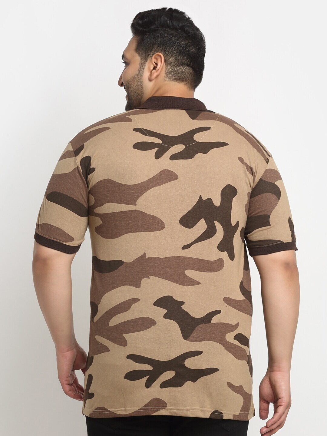 Plus Size Brown Camouflage Printed Polo Collar Cotton T-Shirt