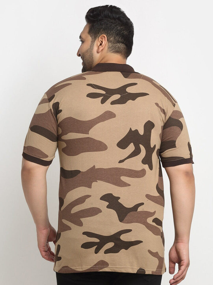 Plus Size Brown Camouflage Printed Polo Collar Cotton T-Shirt