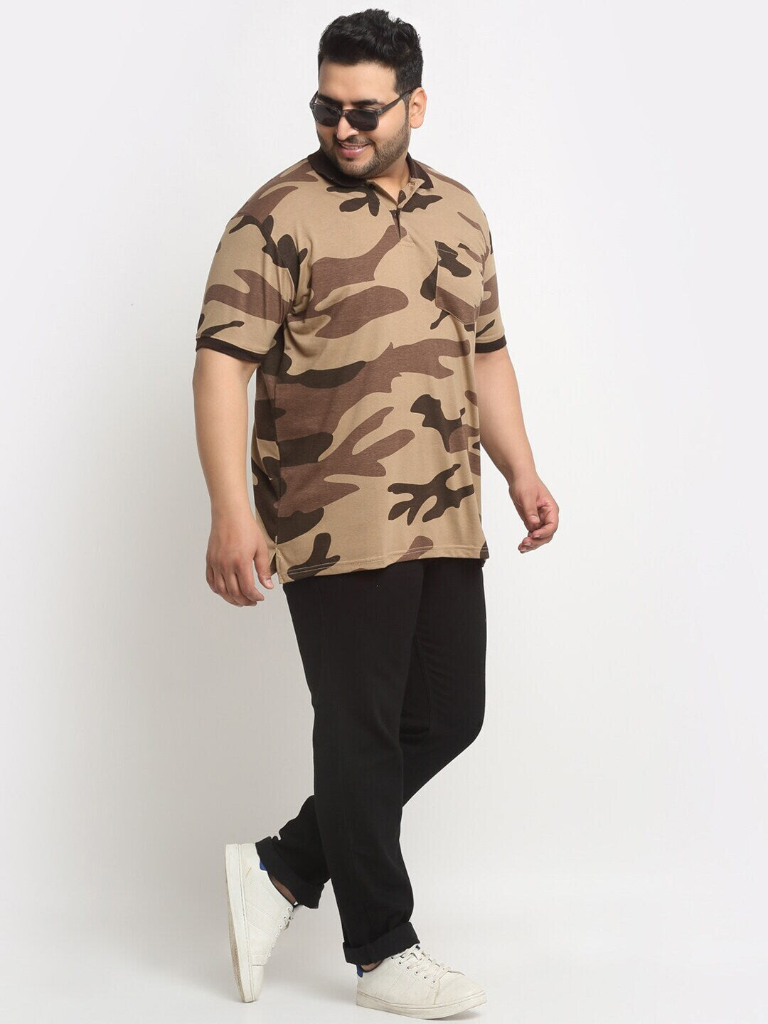 Plus Size Brown Camouflage Printed Polo Collar Cotton T-Shirt