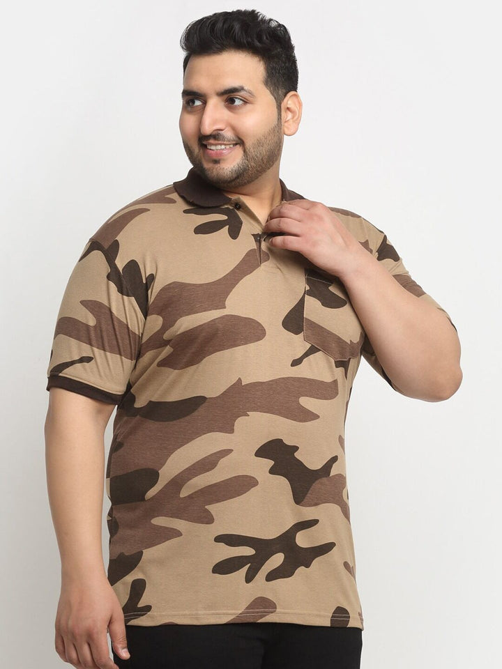 Plus Size Brown Camouflage Printed Polo Collar Cotton T-Shirt