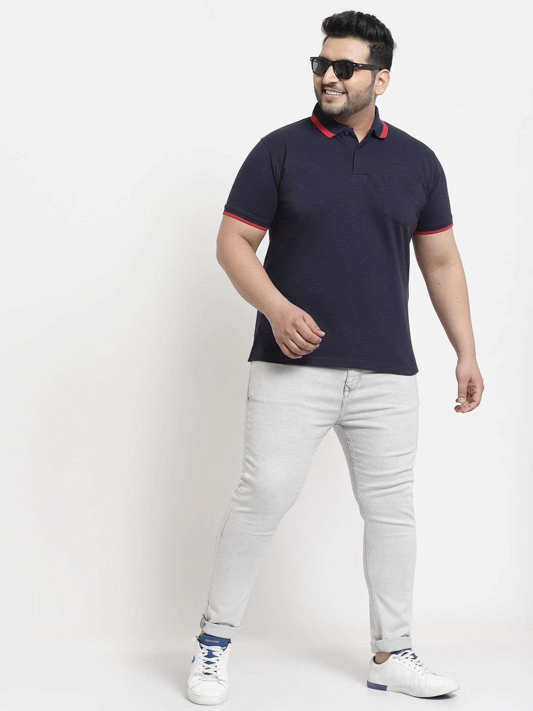 Plus Size Men  Navy Blue Polo Collar T-shirt