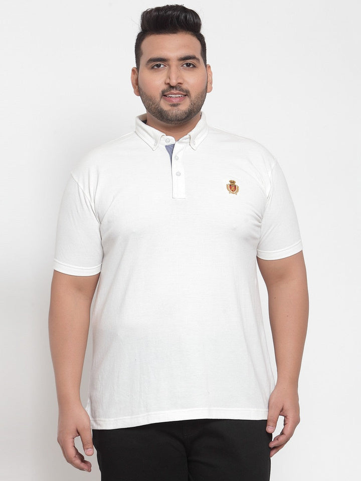 Plus Size Men White Solid Polo Collar Pure Cotton T-shirt