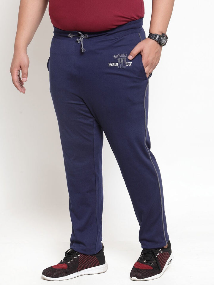 Plus Size Men Navy Blue Solid Straight-Fit Trackpants