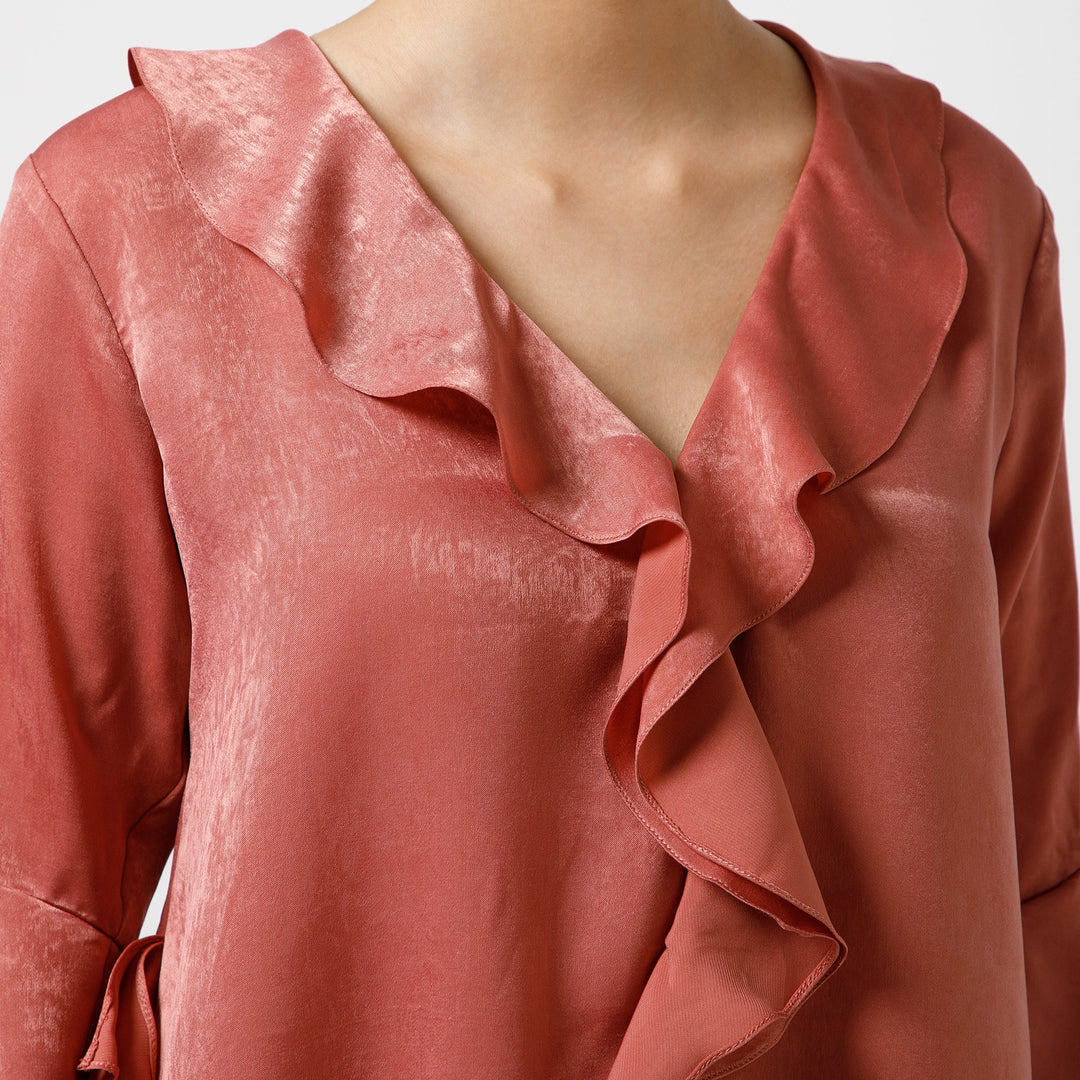 Peach Satin Asymetrical Frill Top