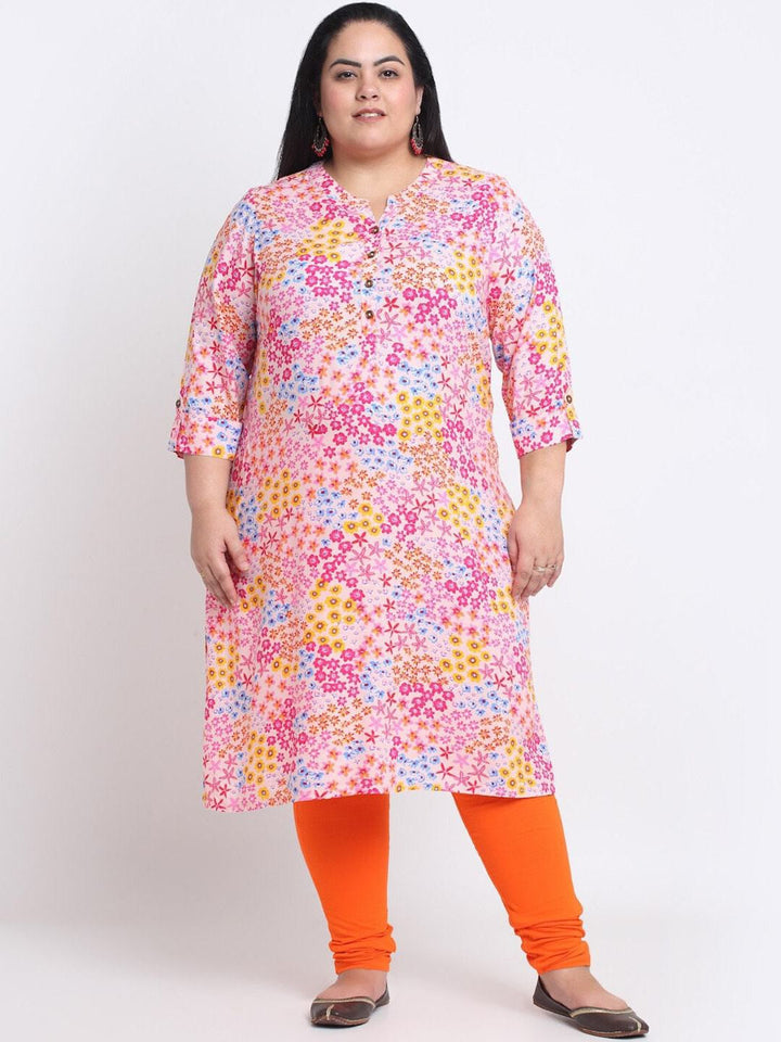 Plus Size Floral Printed Mandarin Collar A-Line Curved Regular Kurta