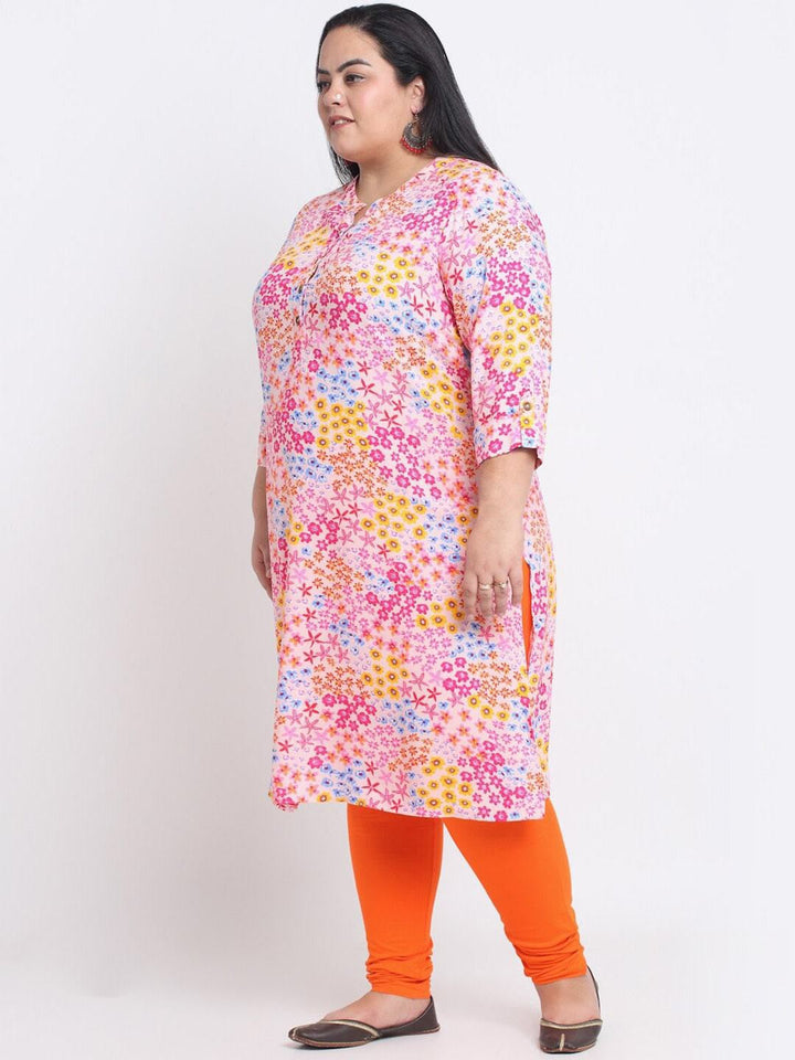 Plus Size Floral Printed Mandarin Collar A-Line Curved Regular Kurta