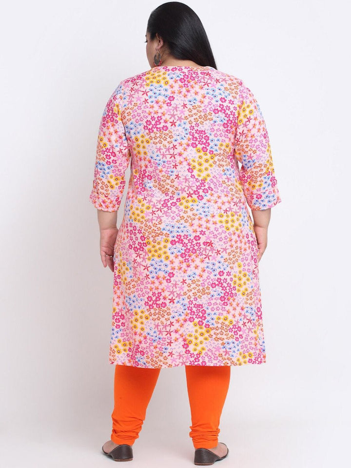 Plus Size Floral Printed Mandarin Collar A-Line Curved Regular Kurta