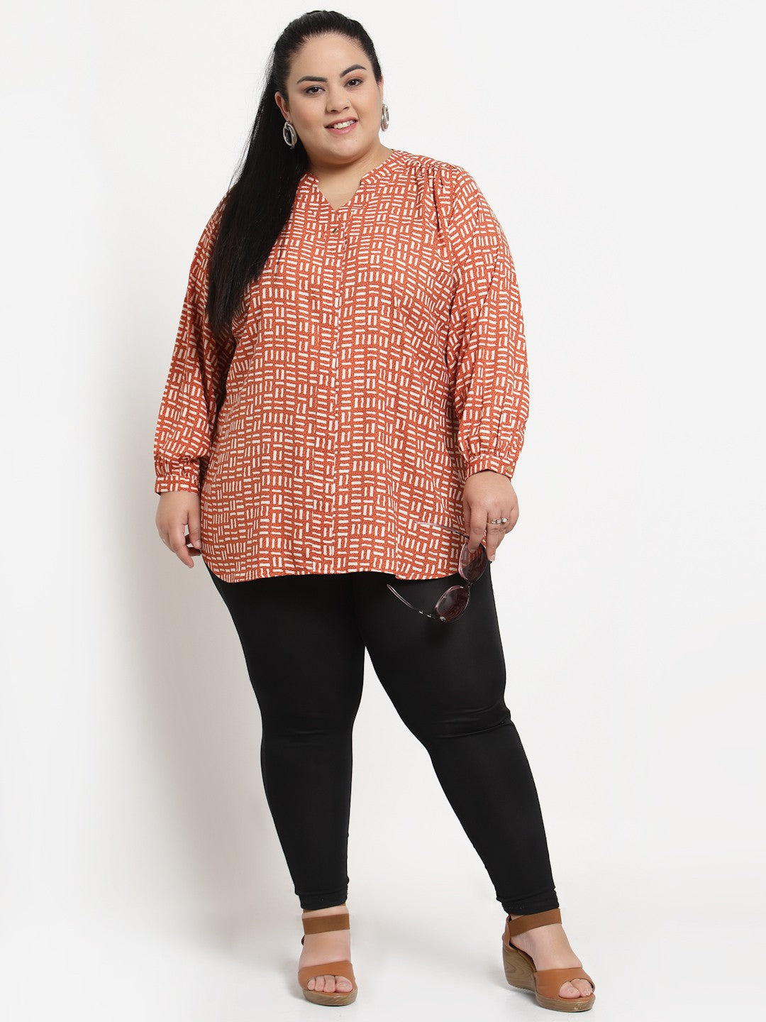 Plus Size  Women Pink  White Print Top