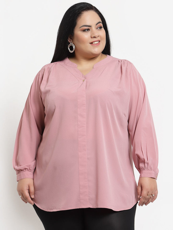 Plus Size Pink Plusize Mandarin Collar Longline Top