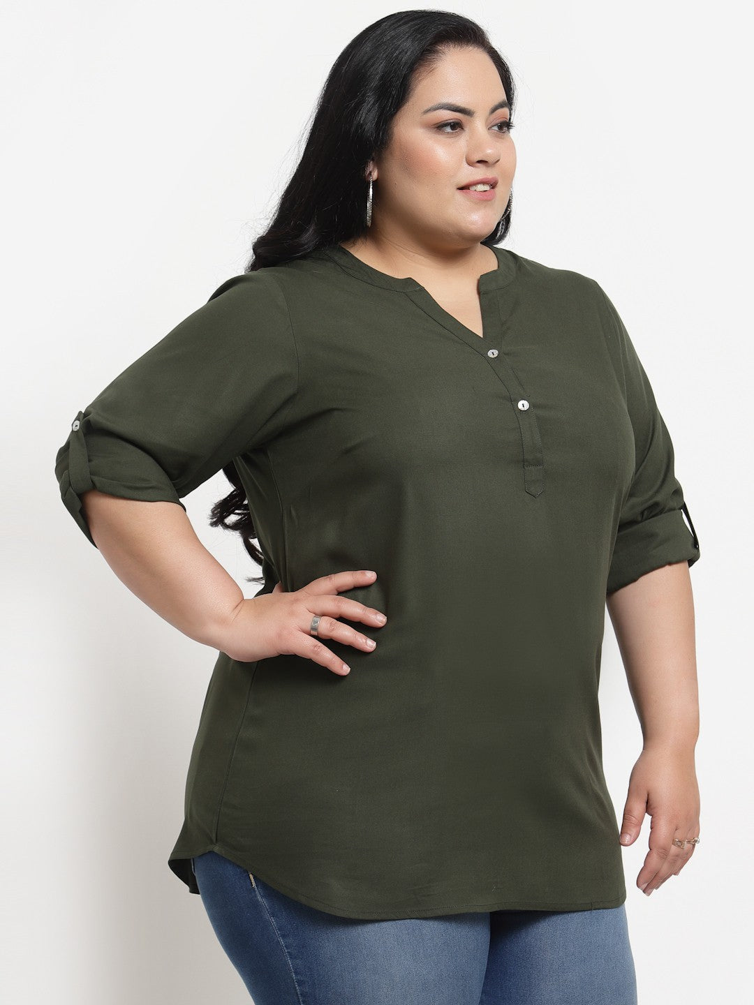 Plus Size Olive Green Solid Mandarin Collar Top