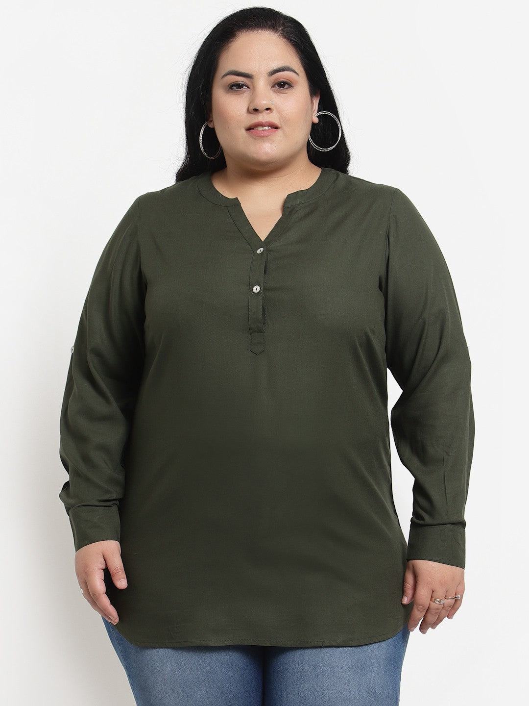 Plus Size Olive Green Solid Mandarin Collar Top