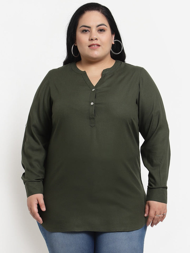Plus Size Olive Green Solid Mandarin Collar Top
