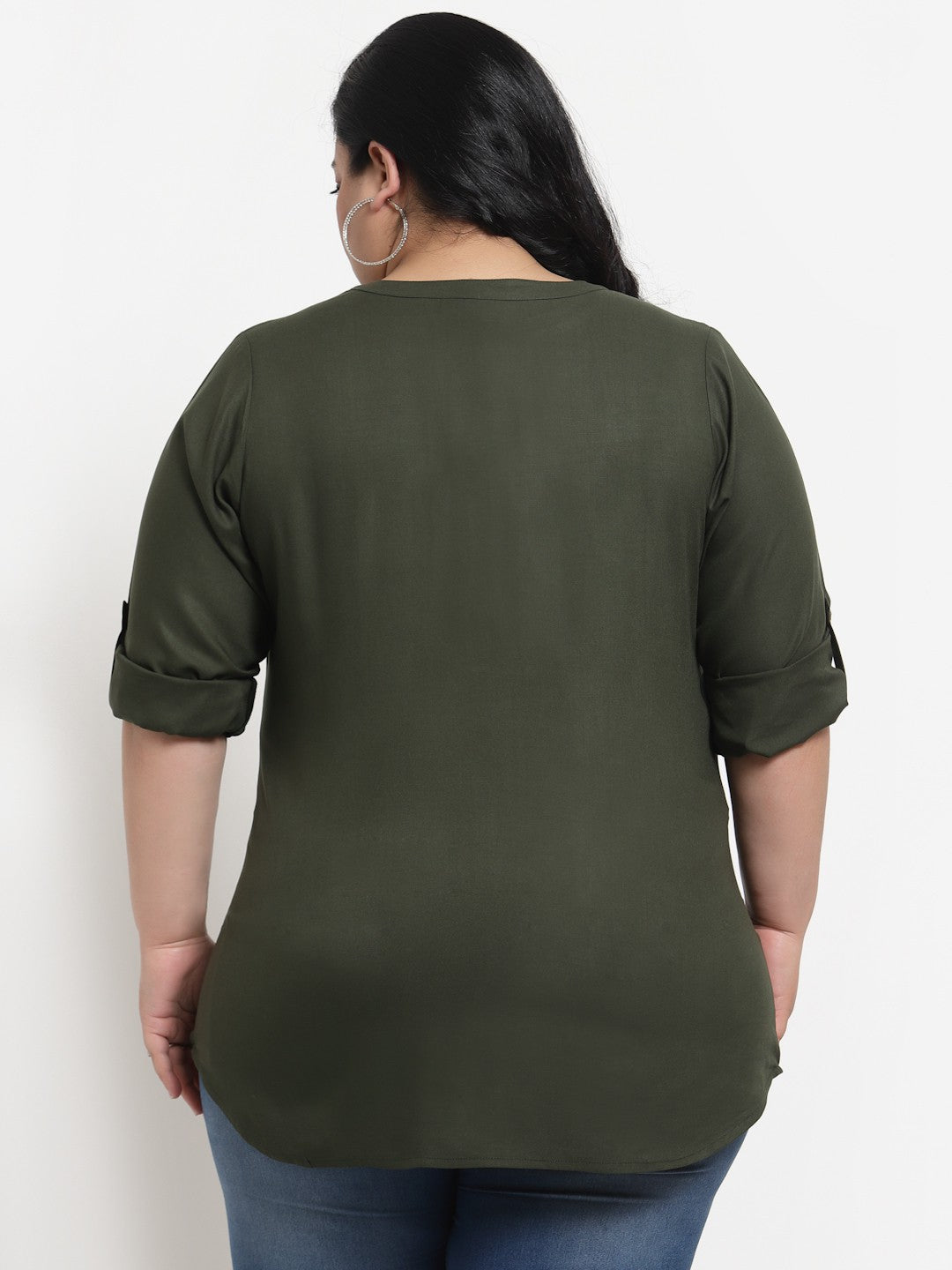 Plus Size Olive Green Solid Mandarin Collar Top