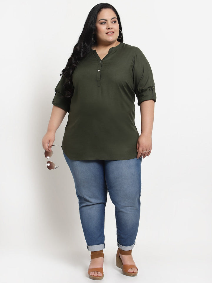 Plus Size Olive Green Solid Mandarin Collar Top