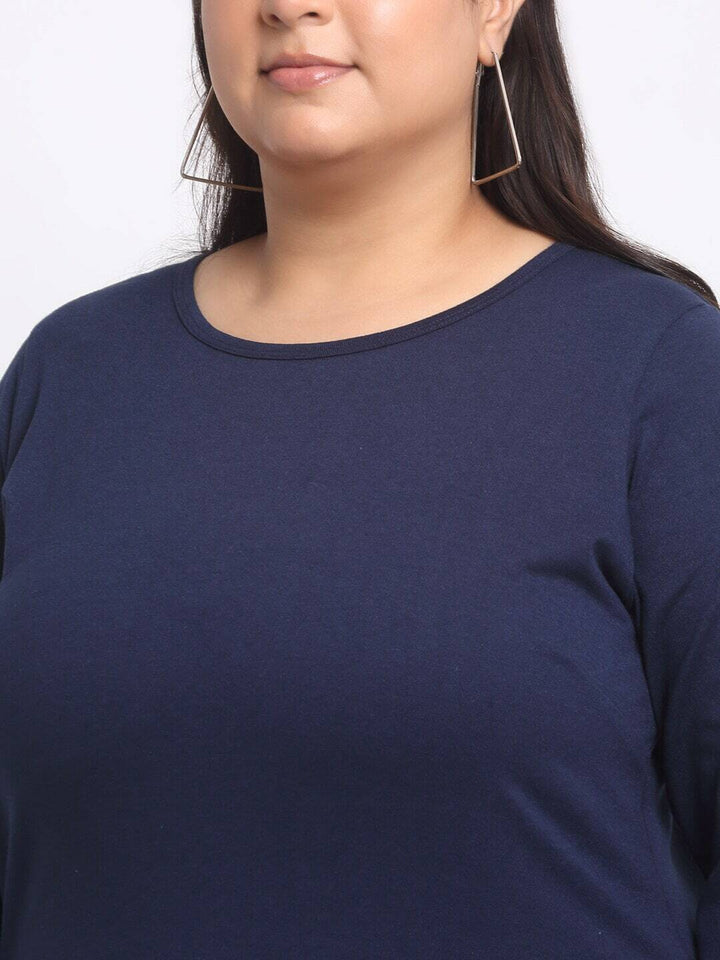 Plus Size   Navy Blue Full Sleeve Longline Cotton T-shirt