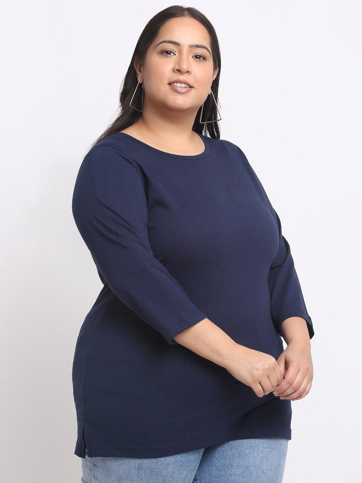 Plus Size   Navy Blue Full Sleeve Longline Cotton T-shirt