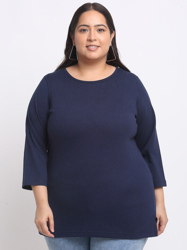 Plus Size   Navy Blue Full Sleeve Longline Cotton T-shirt