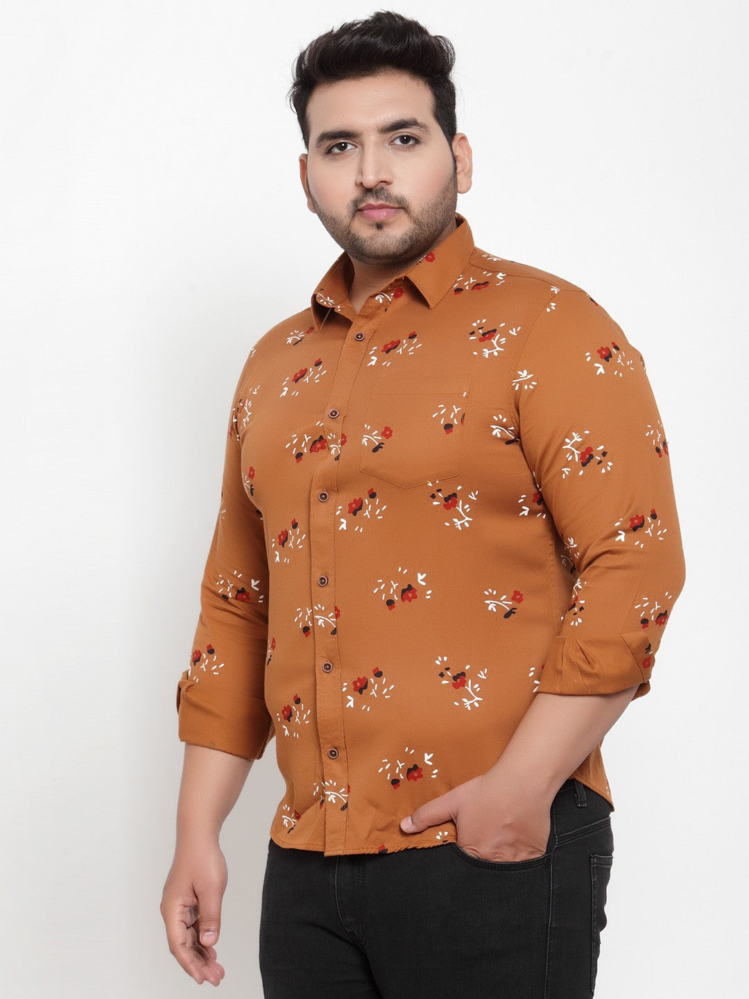 Plus Size Men Brown  Off-White Regular Fit Printed Casual Shirt