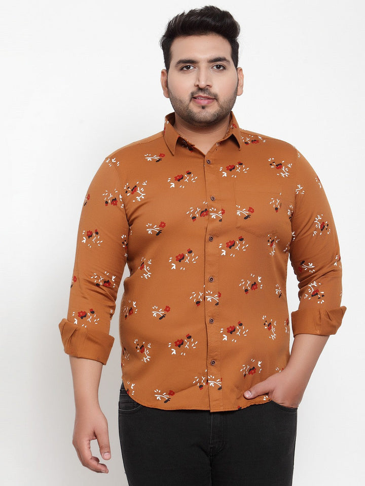 Plus Size Men Brown  Off-White Regular Fit Printed Casual Shirt