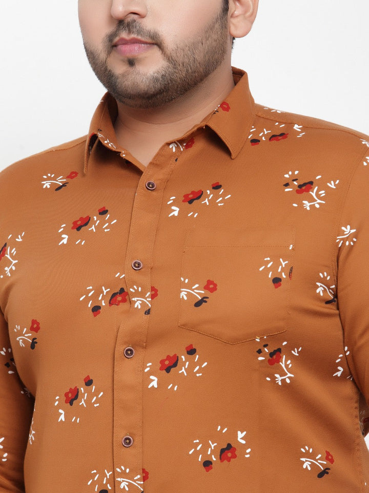 Plus Size Men Brown  Off-White Regular Fit Printed Casual Shirt