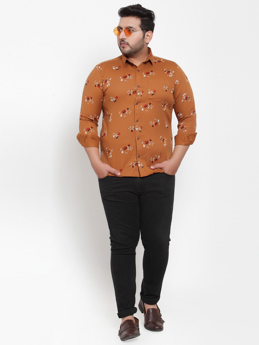 Plus Size Men Brown  Off-White Regular Fit Printed Casual Shirt