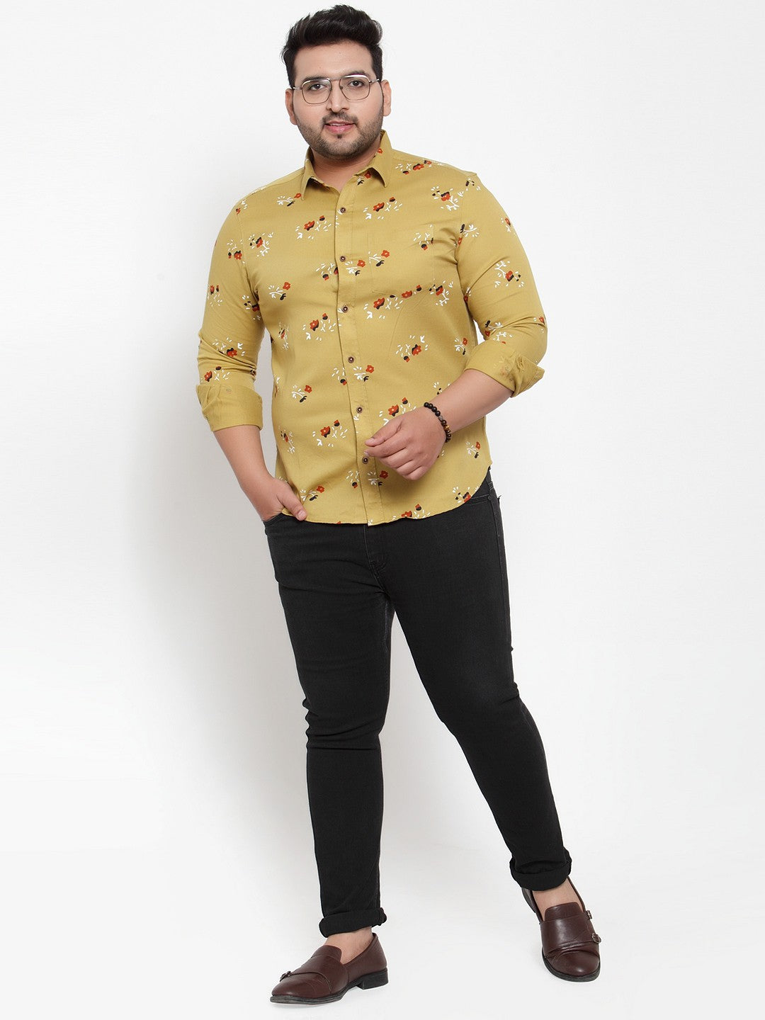 Plus Size Men Mustard Yellow Regular Fit Printed Casual Shirt