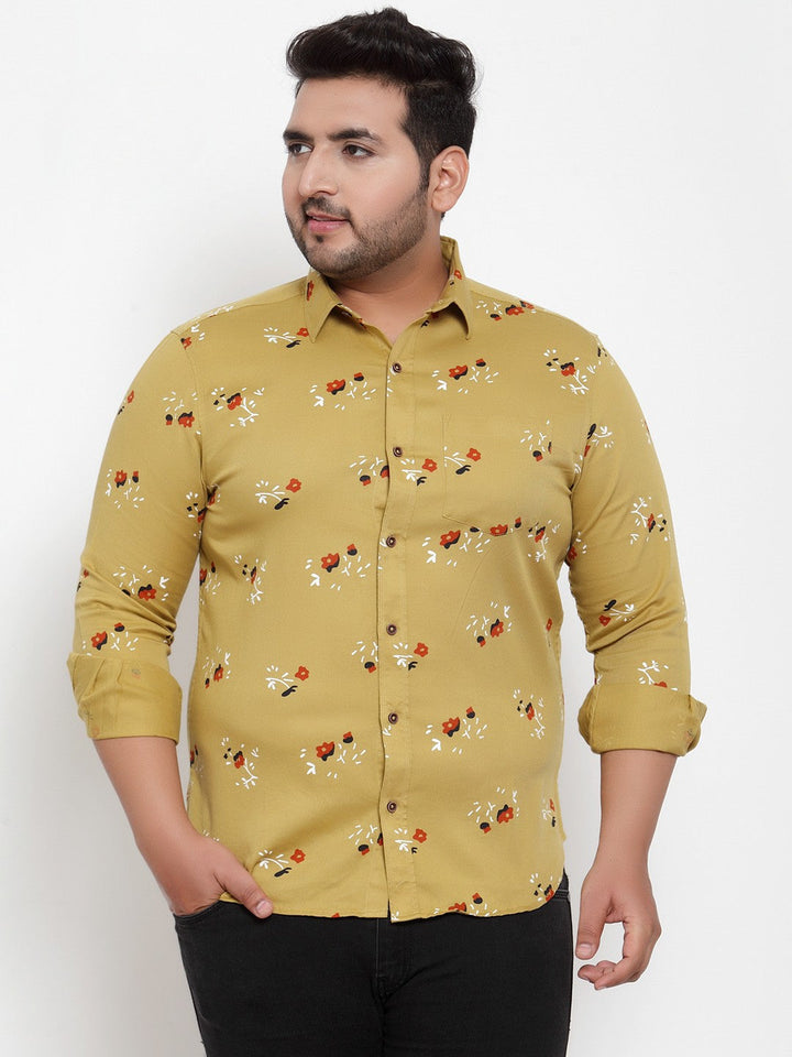 Plus Size Men Mustard Yellow Regular Fit Printed Casual Shirt