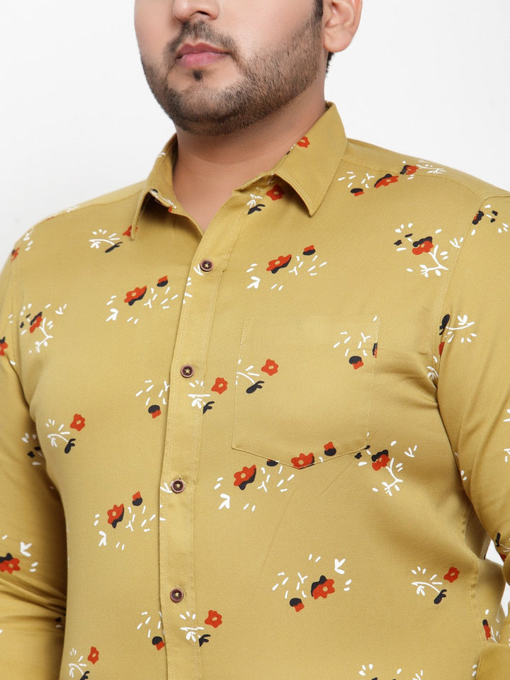 Plus Size Men Mustard Yellow Regular Fit Printed Casual Shirt