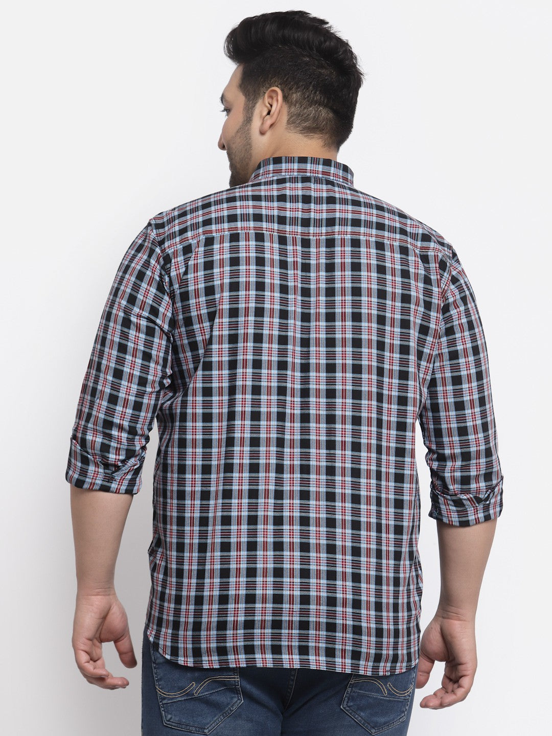 Plus Size  Men Navy Blue Regular Fit Tartan Checked Cotton Casual Shirt