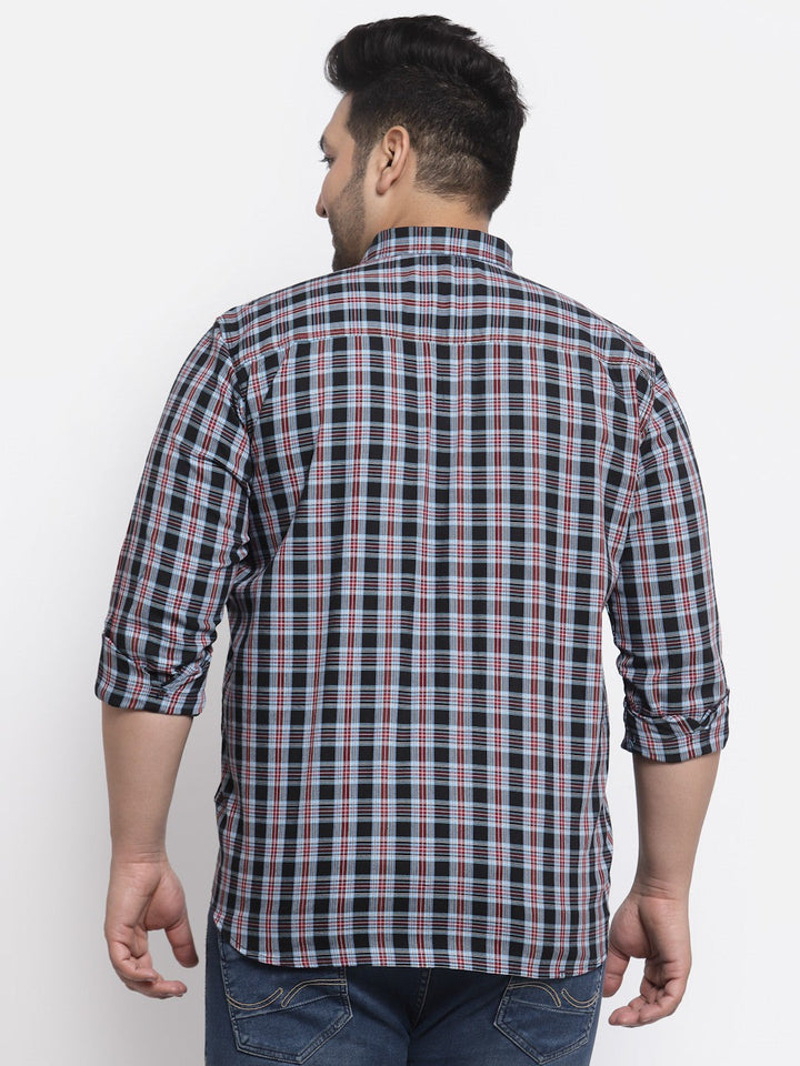 Plus Size  Men Navy Blue Regular Fit Tartan Checked Cotton Casual Shirt