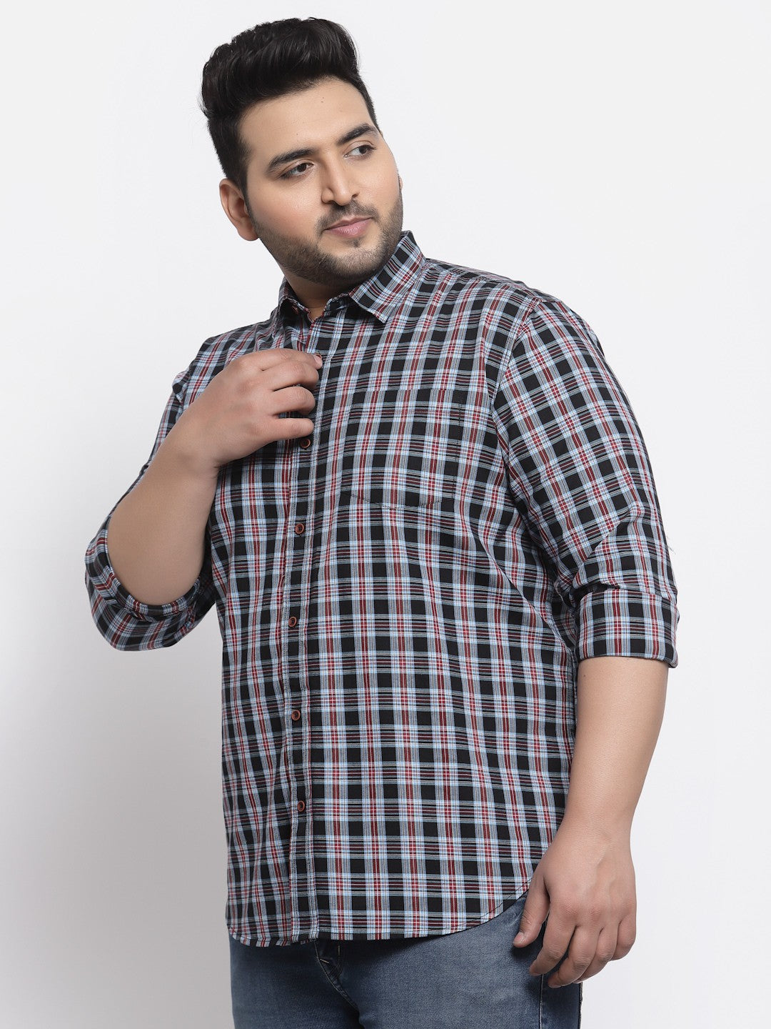 Plus Size  Men Navy Blue Regular Fit Tartan Checked Cotton Casual Shirt
