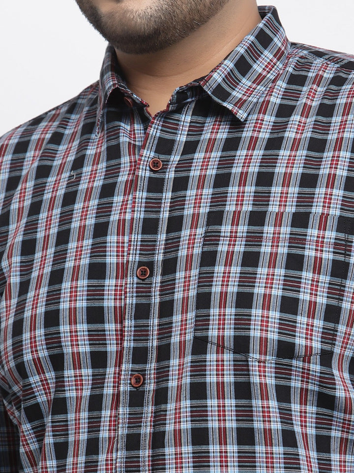 Plus Size  Men Navy Blue Regular Fit Tartan Checked Cotton Casual Shirt